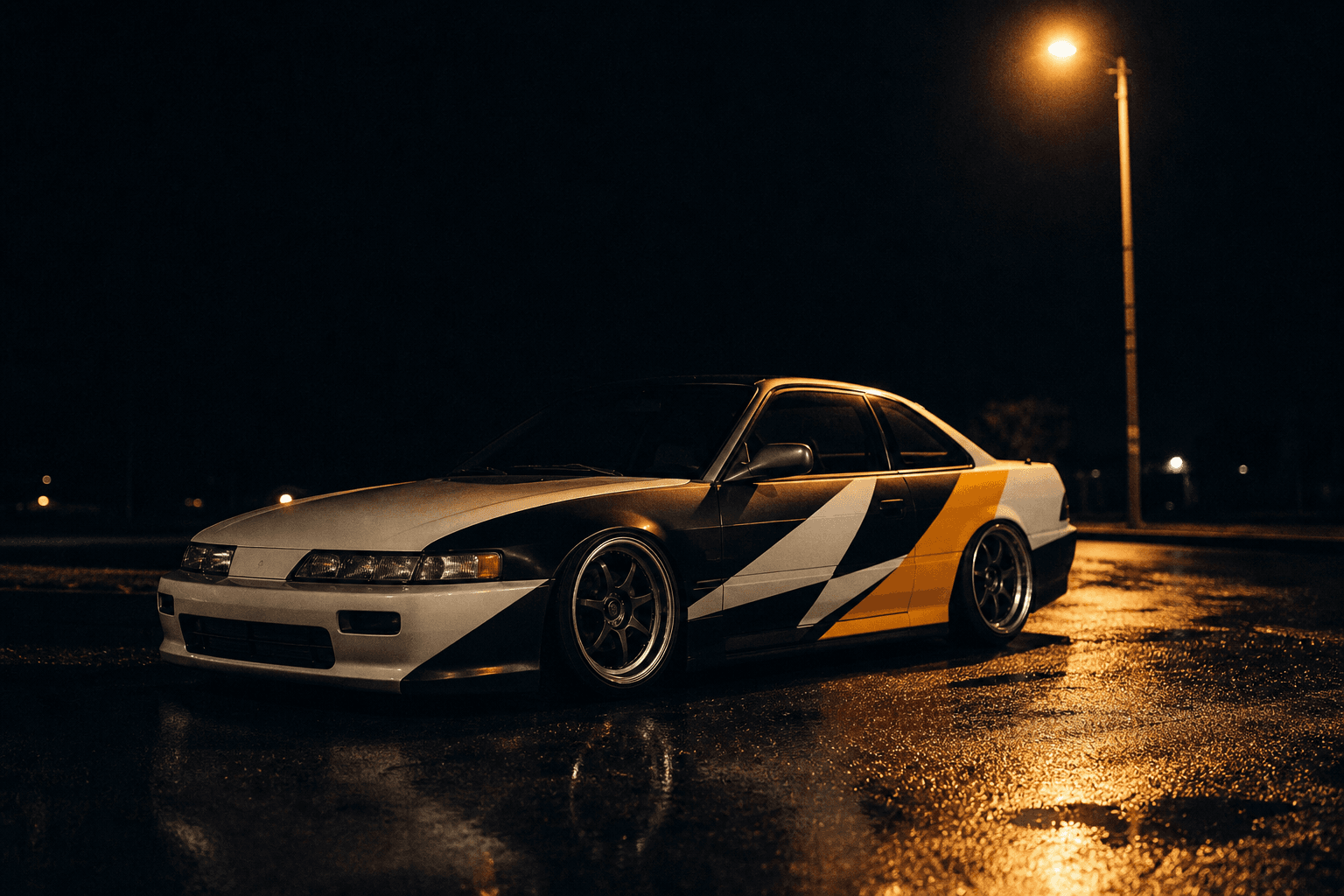 A lowered import coupe at night under a streetlamp, wearing an original cut-vinyl livery.