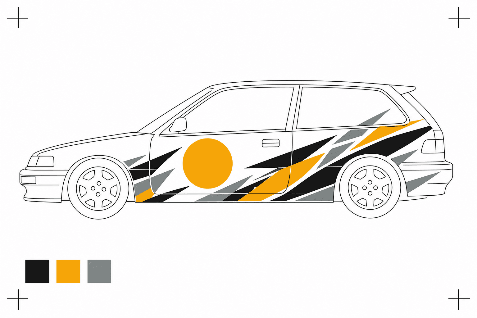 Flat vector production proof of the same livery: closed paths in three separated colours on a white sheet, with registration marks.